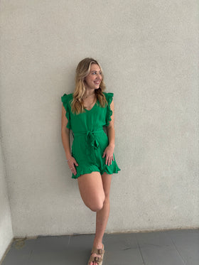 Green V Neck Ruffled Waist Tie Romper
