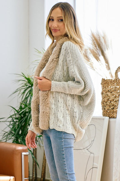 Sweater Cardigan with Faux Fur Trimmed Neck