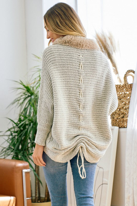 Sweater Cardigan with Faux Fur Trimmed Neck