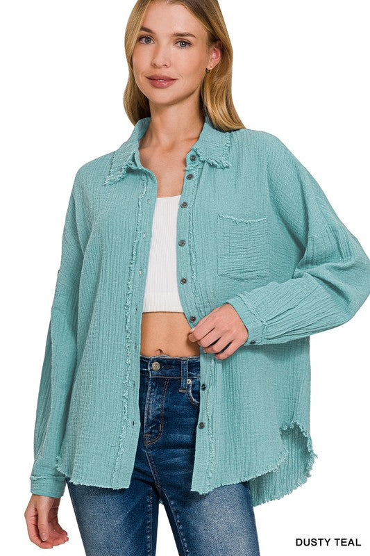 Oversized Raw Edge Gauze Shirt