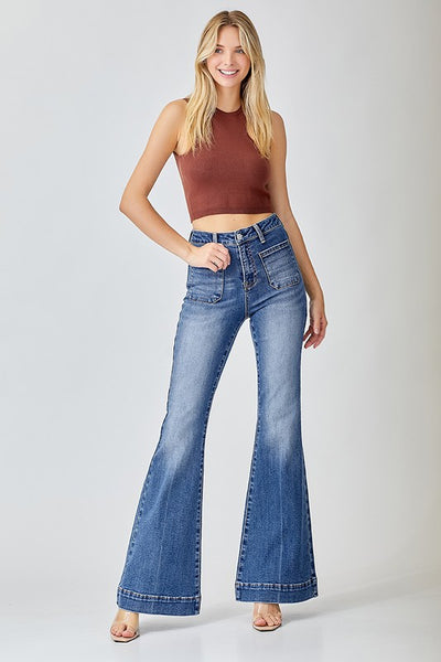 Risen High Rise Front Patch Pocket Bell Bottom Jeans