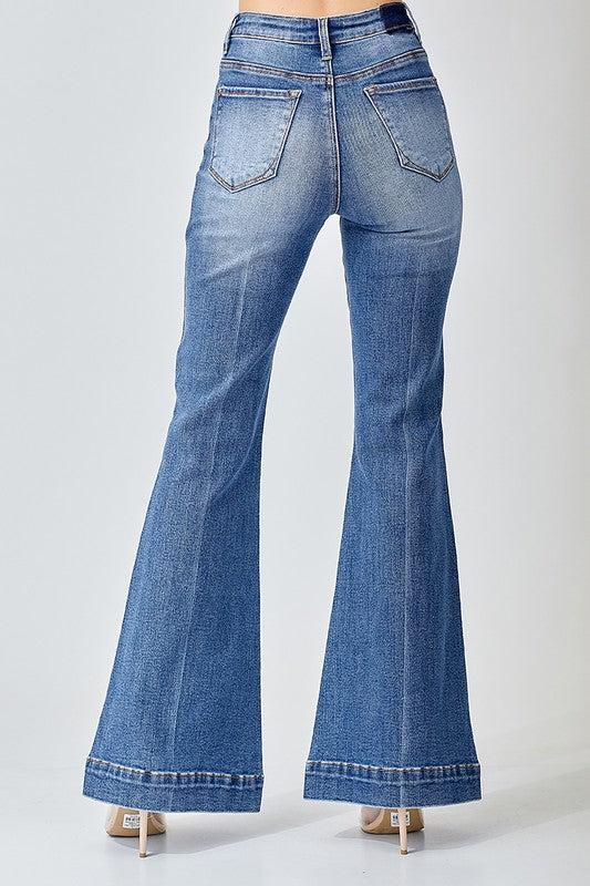 Risen High Rise Front Patch Pocket Bell Bottom Jeans