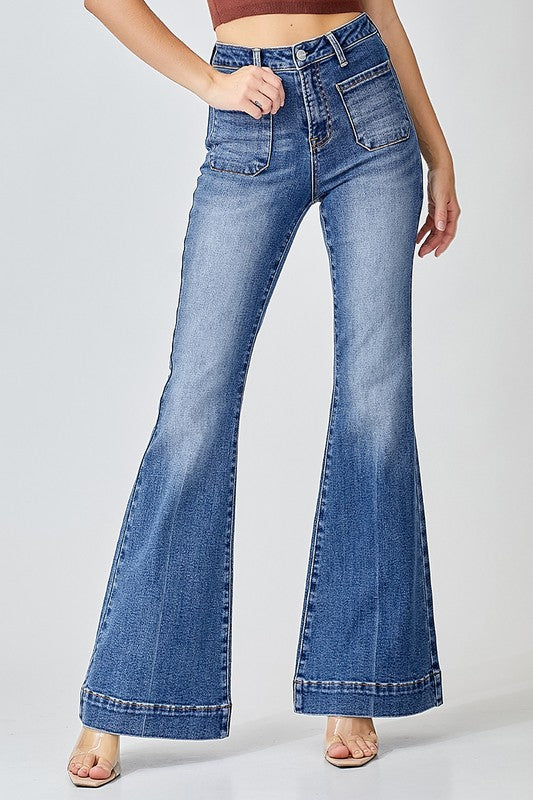 Risen High Rise Front Patch Pocket Bell Bottom Jeans