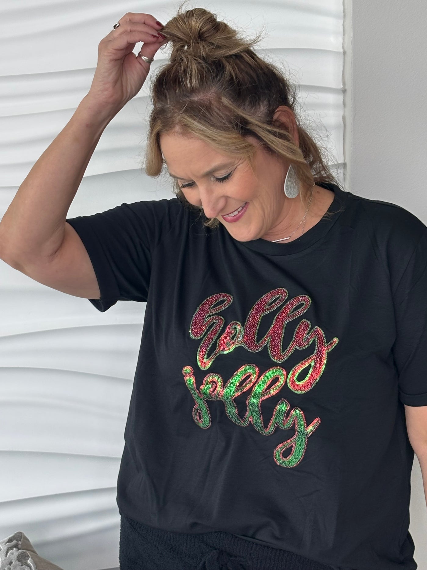 Black Christmas Sequined holly jolly Graphic Tee