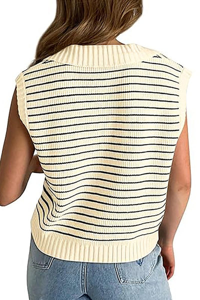 Stripe Turn-down V Neck Sweater Tank Top