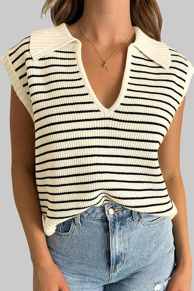 Stripe Turn-down V Neck Sweater Tank Top