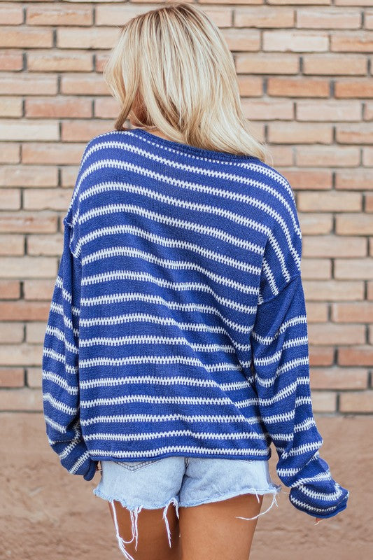 Sky Blue Stripe Drop Shoulder Casual Sweater