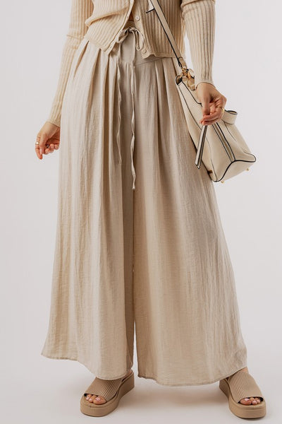 Drawstring Waist Pleated Wide Leg Casual Pants