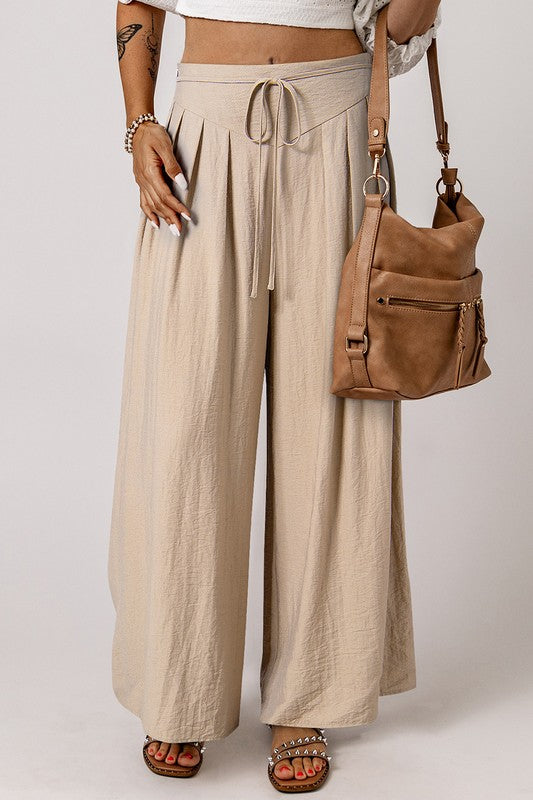 Drawstring Waist Pleated Wide Leg Casual Pants