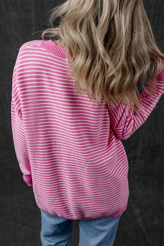 Striped Scallop V Neck Loose Sweater with Slits