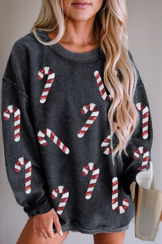 Christmas Candy Cane Shining Corded Sweatshirt