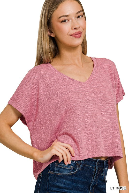 V Neck Drop Shoulder Crop Top Tee Shirt