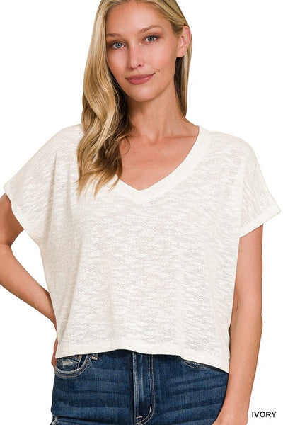 V Neck Drop Shoulder Crop Top Tee Shirt