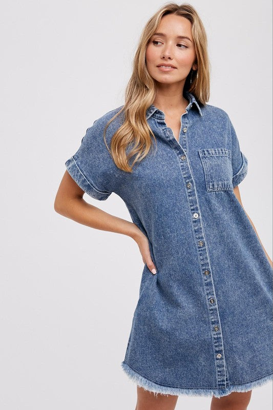 frayed hem denim dress Womens Piece Dyed Denim Dress with Frayed Hem Wash Lab Blue / S