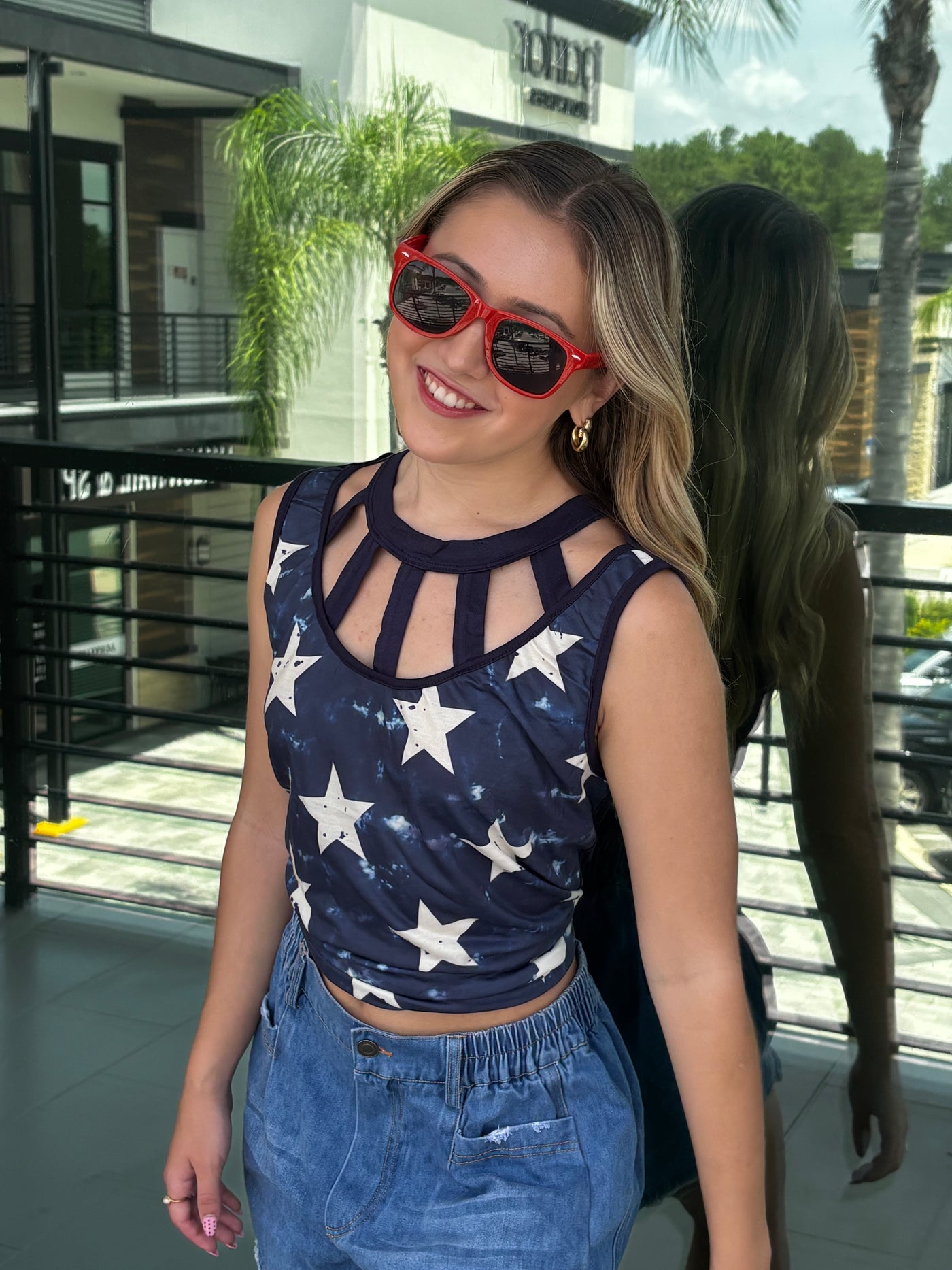 Star Printed Jersey Knit Cut Out Front With Straps