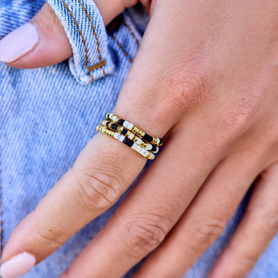 Pura Vida Black and White Stretch Ring Set