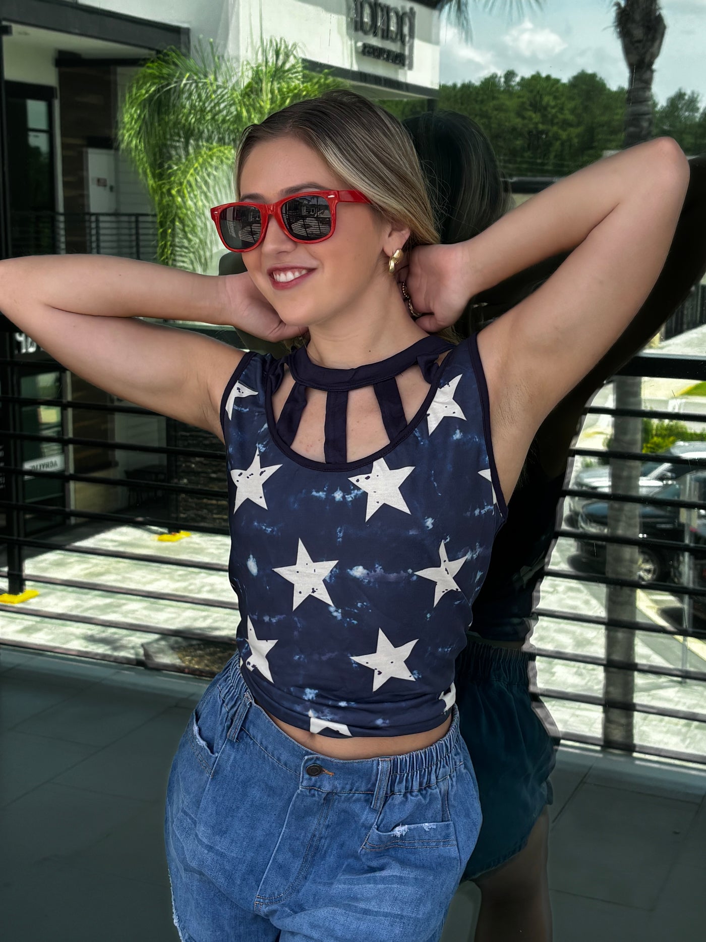 Star Printed Jersey Knit Cut Out Front With Straps