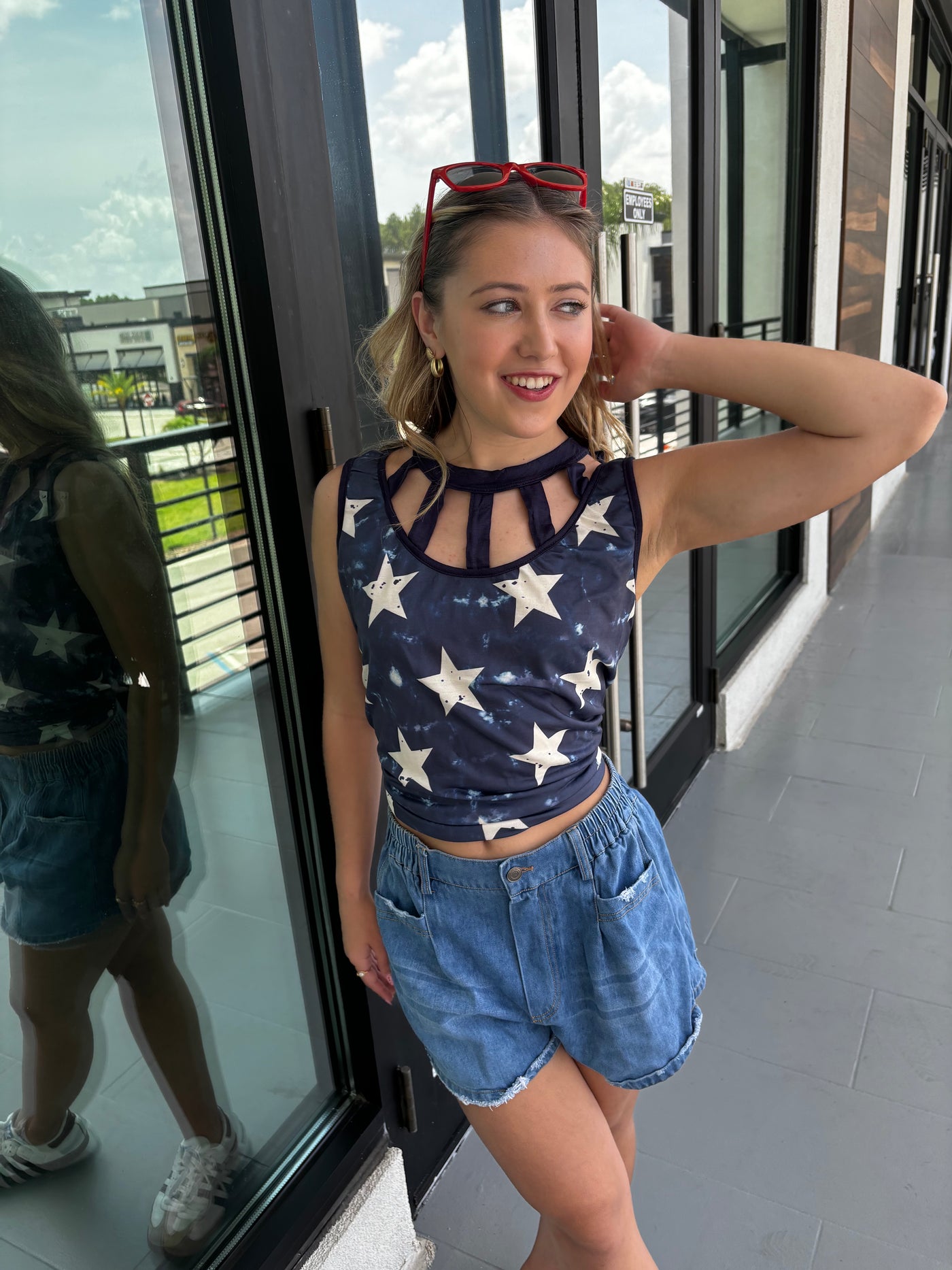 Star Printed Jersey Knit Cut Out Front With Straps