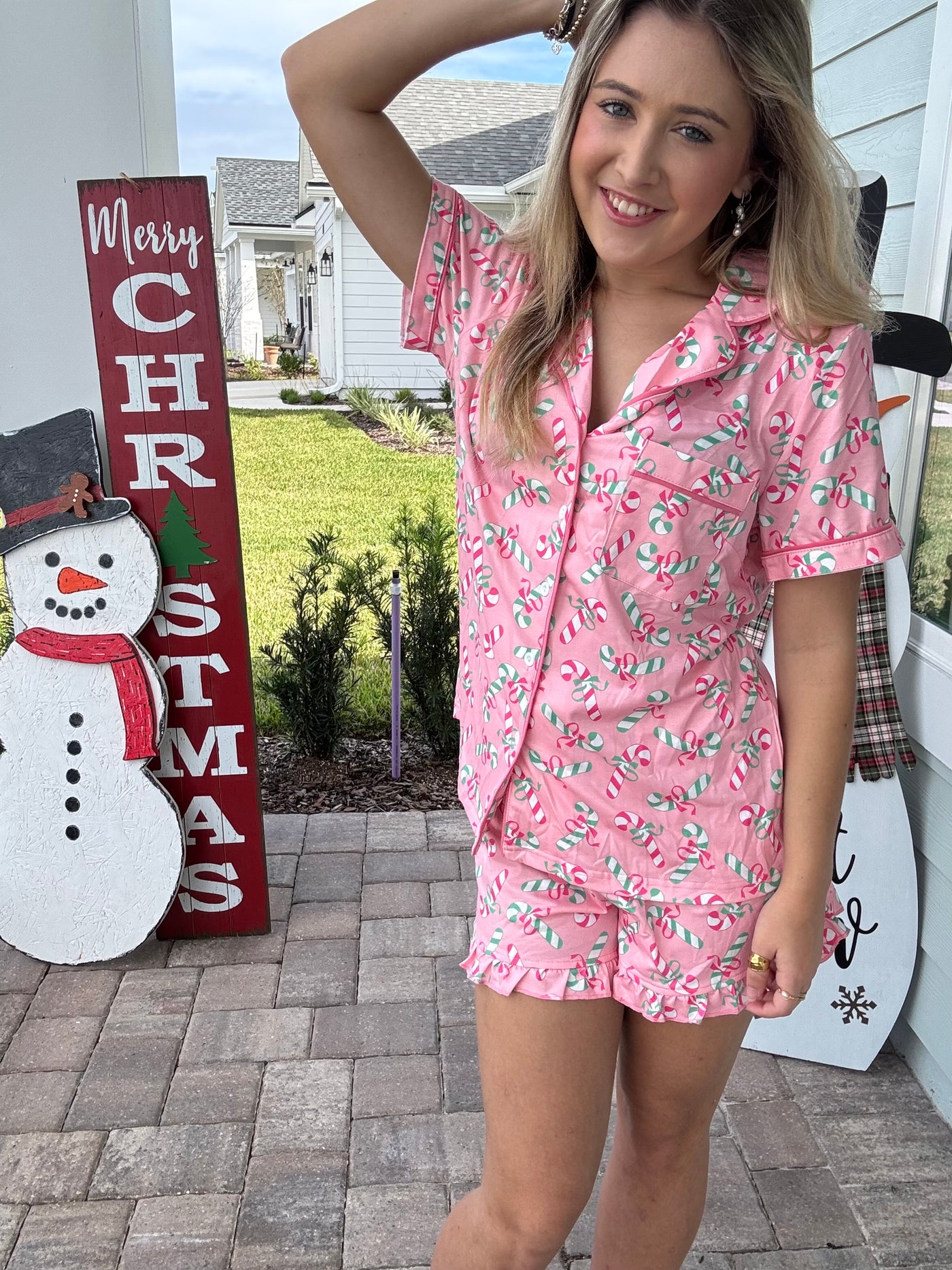 Christmas Candy Cane Pocketed Knotted Pajama Set