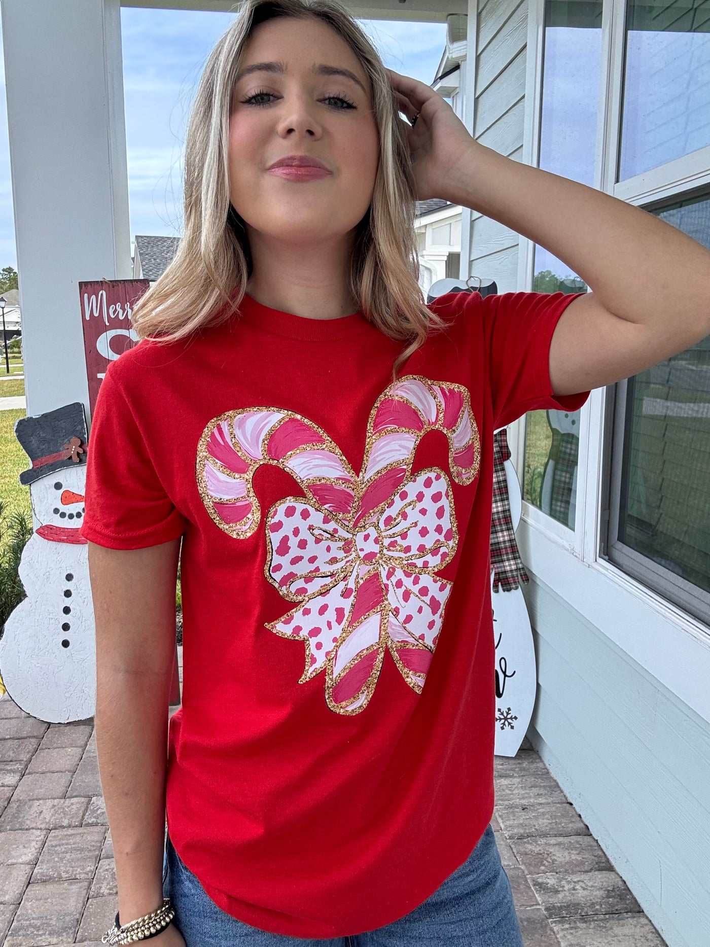 Faux Glitter Candy Cane Graphic Heavy Cotton Tee