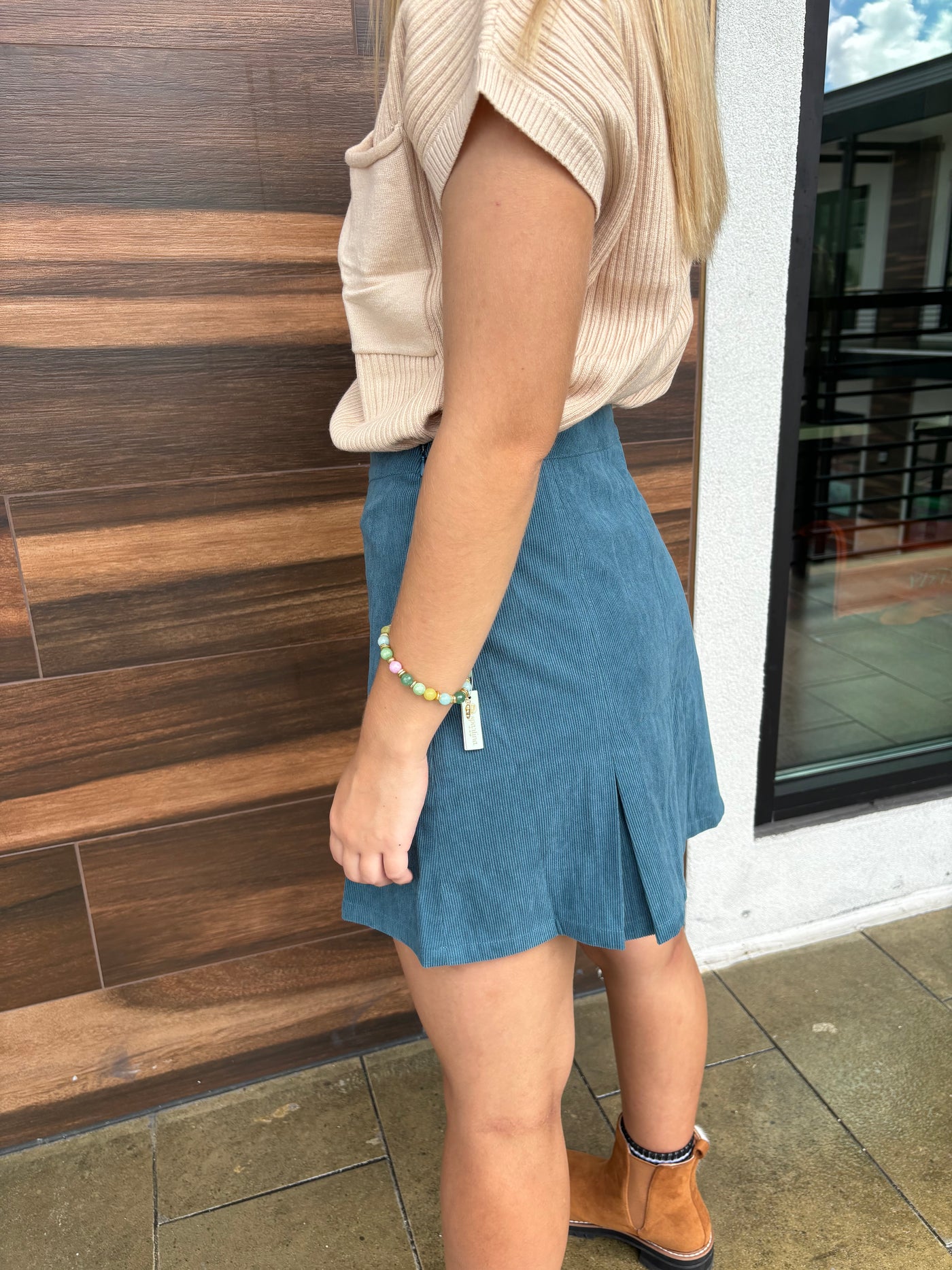 Teal Pleated Corduroy Skirt