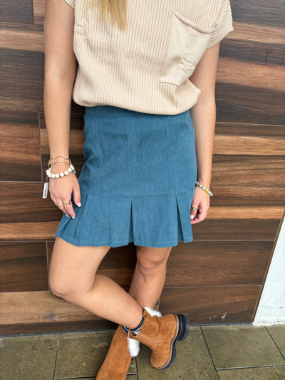 Teal Pleated Corduroy Skirt