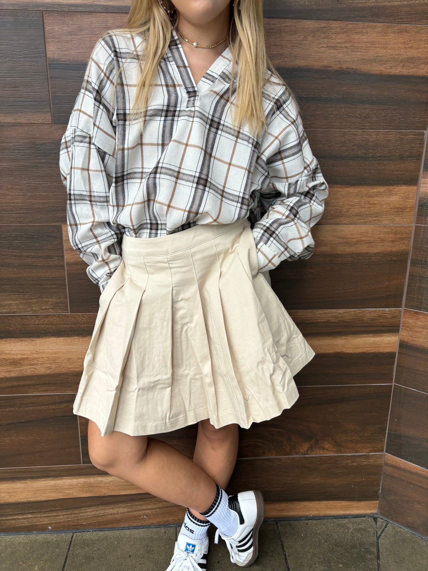 Beige High Waist Pleated Tennis Skirt