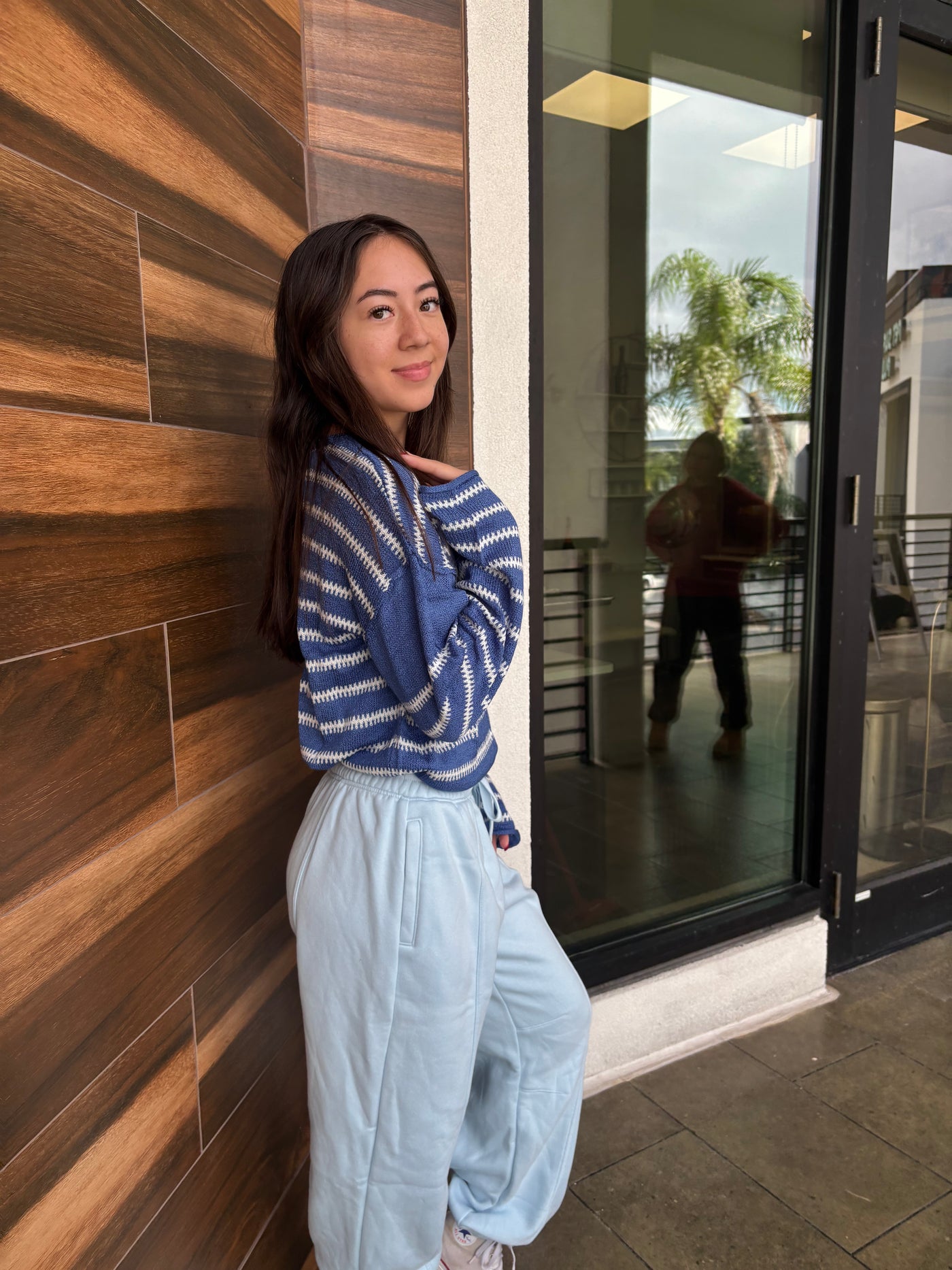 Sky Blue Stripe Drop Shoulder Casual Sweater