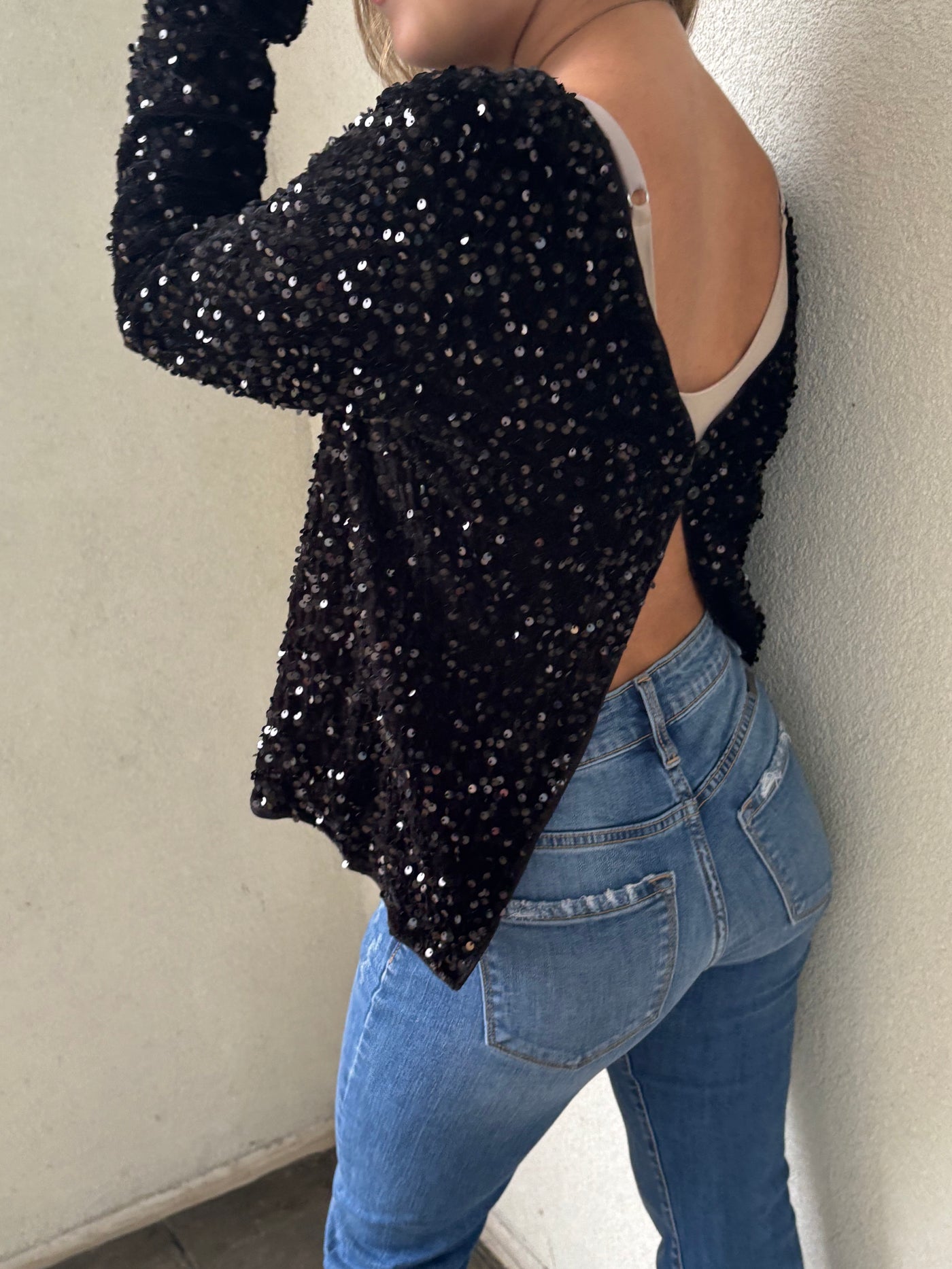 Sequin Long Sleeve Cutout Back Top