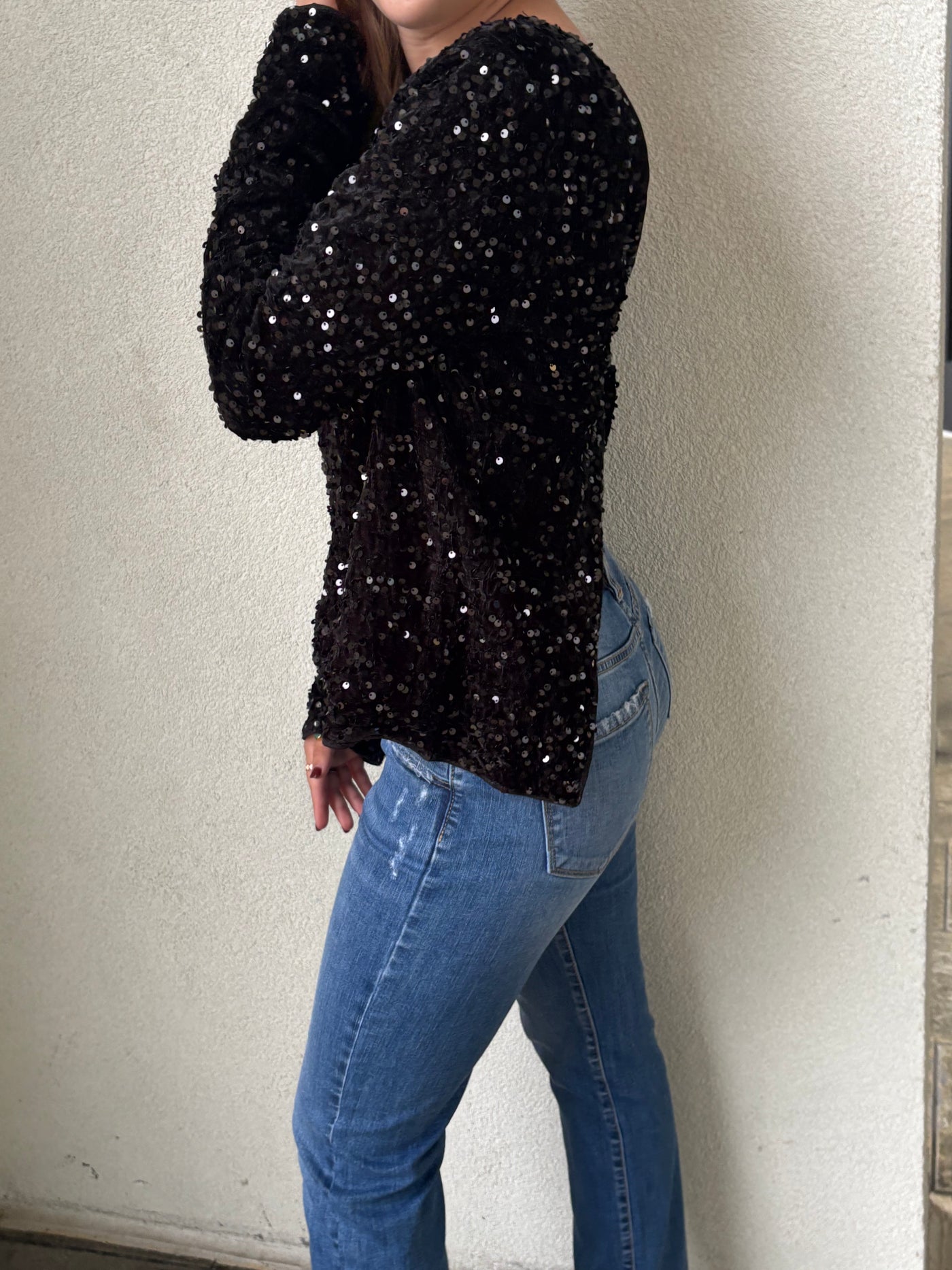 Sequin Long Sleeve Cutout Back Top