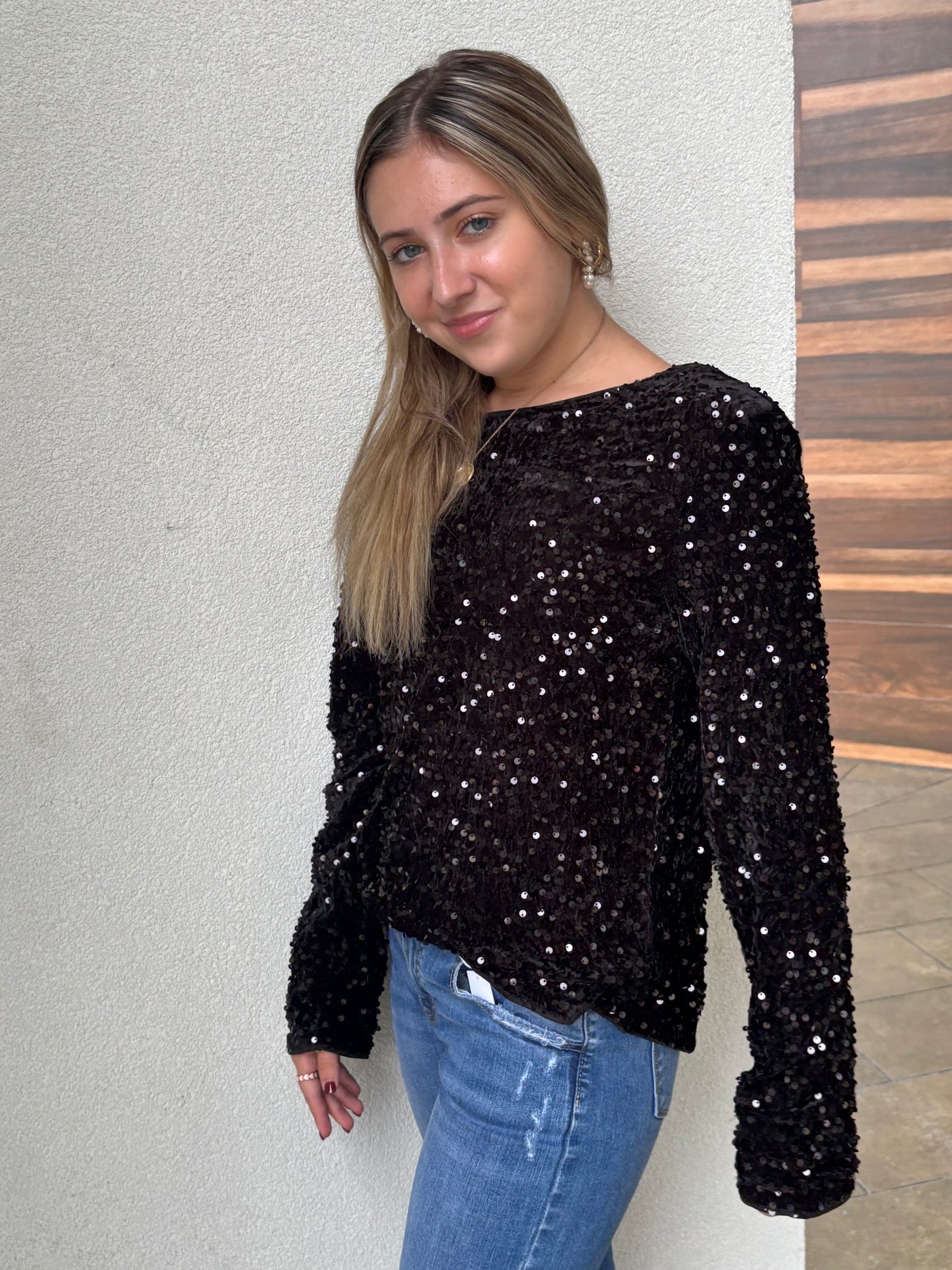 Sequin Long Sleeve Cutout Back Top