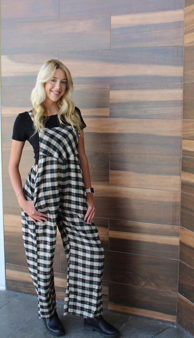 Soft Brudhed Plaid Wild Leg Overall-Final Sale-one left