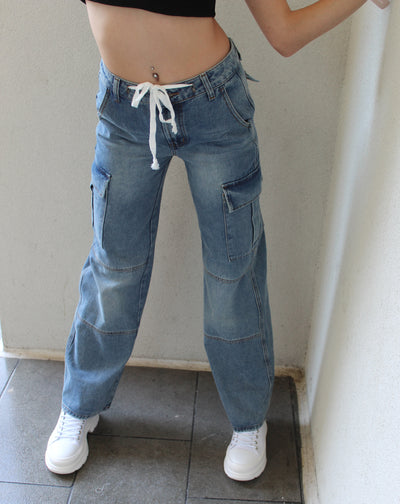 Drawstring Waist Cargo Denim Pants