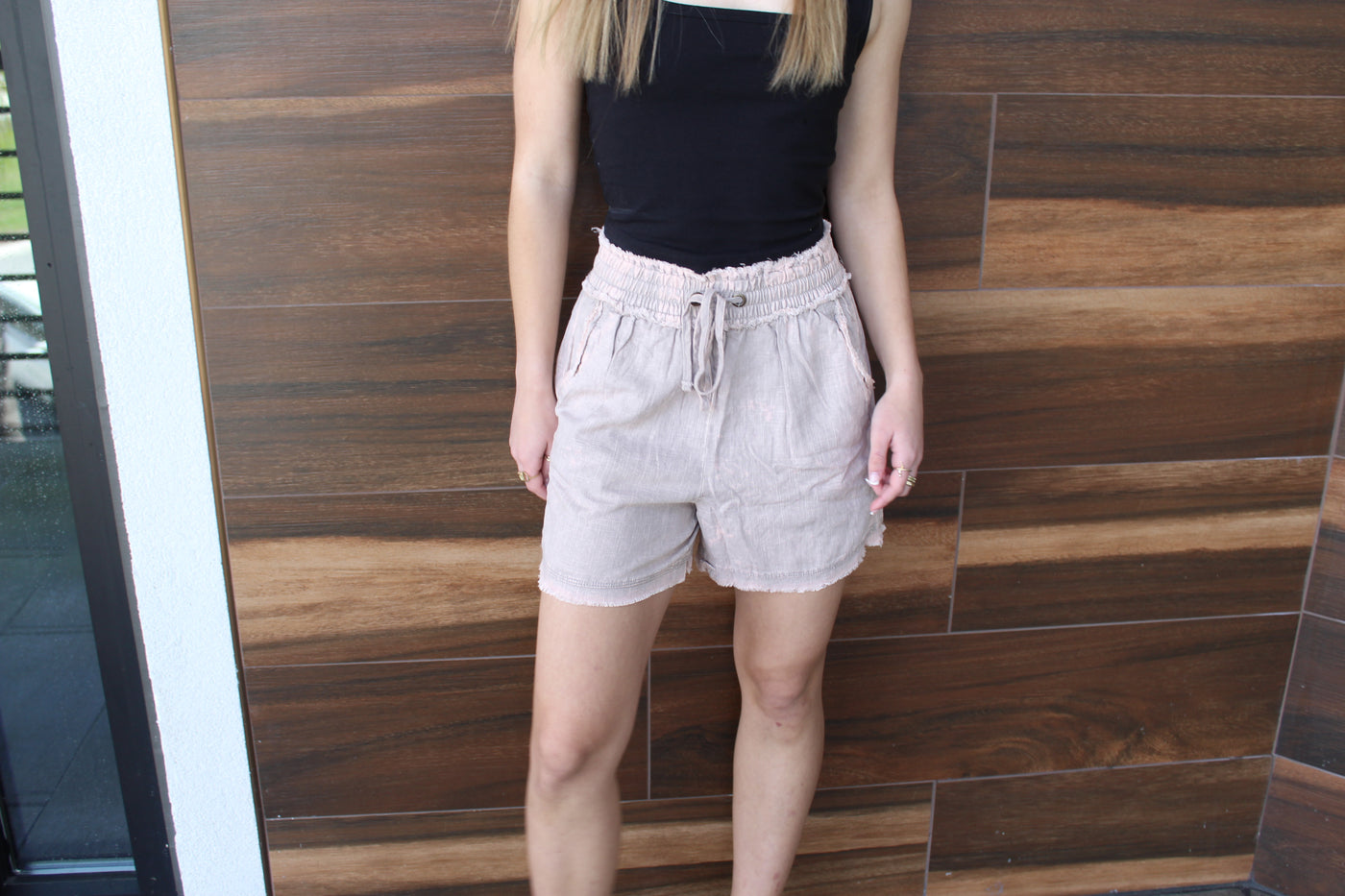 Washed Lined Frayed Drawstring Shorts