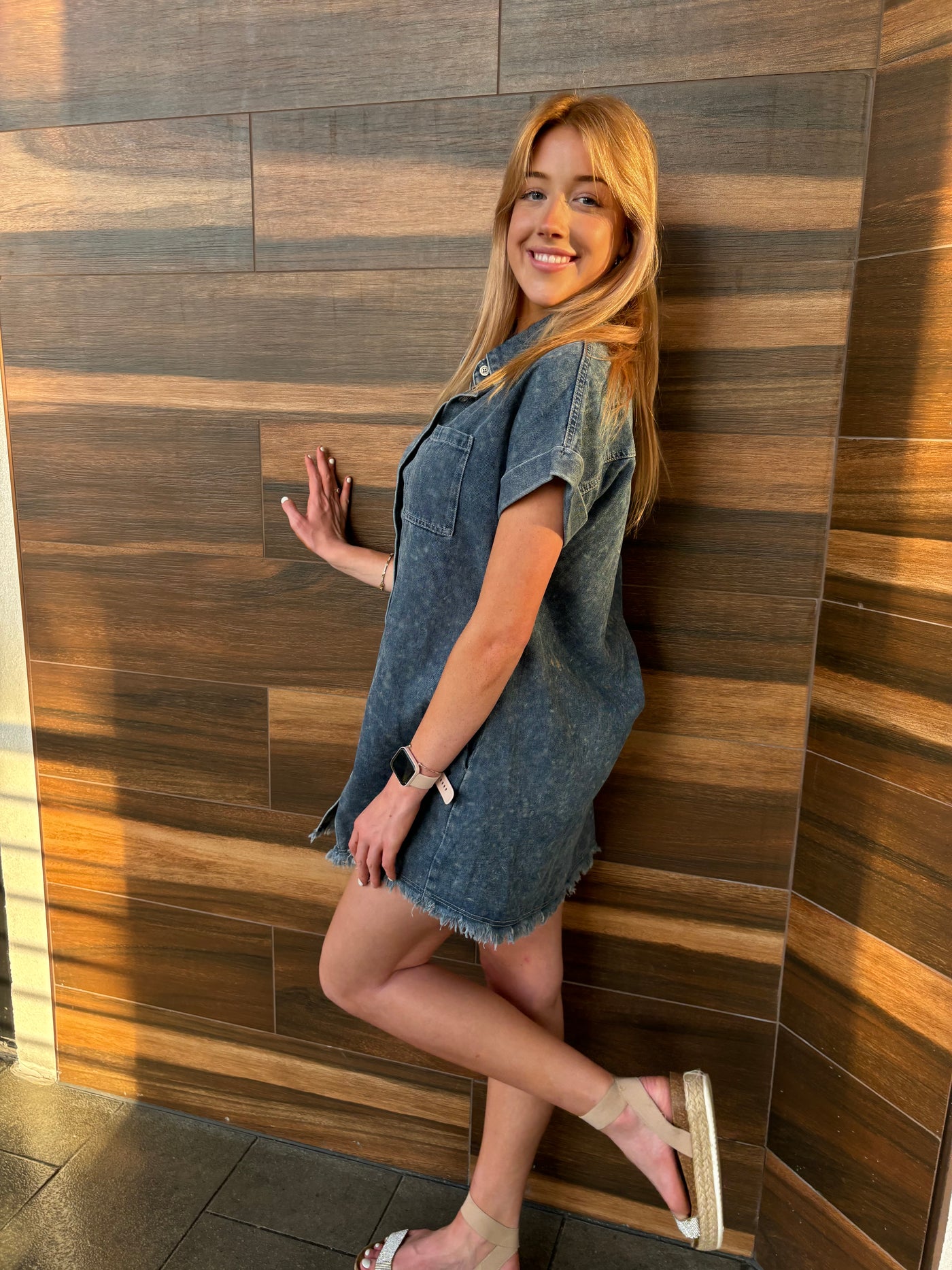 frayed hem denim shirt dress Corrine Cotton-Blend Denim Shirt Dress | blue | Small (4-6)