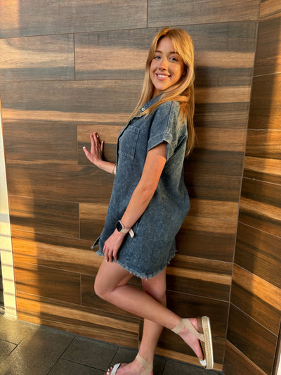 Frayed Hem Denim Shirt Dress