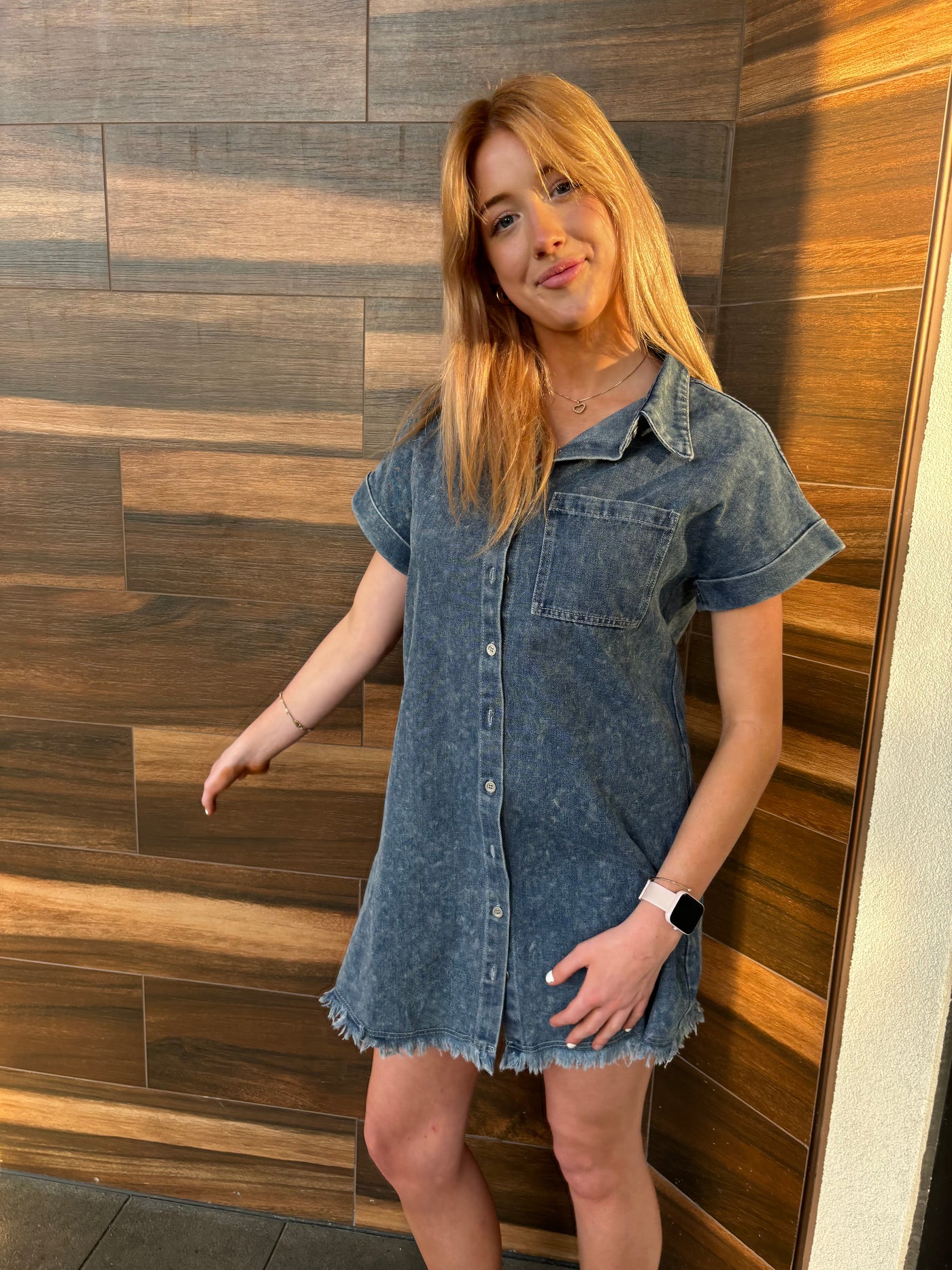 frayed hem denim dress Piece Dyed Denim Dress