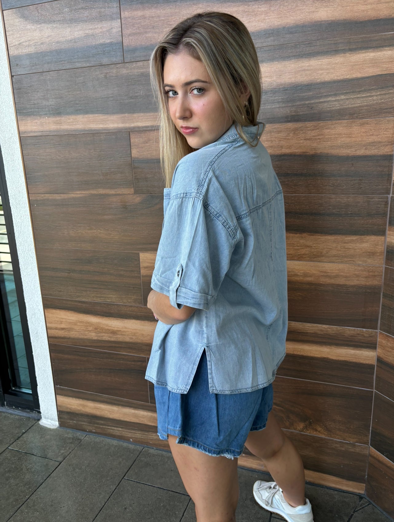 Women Denim Washed Button Down Blouses-Final Sale