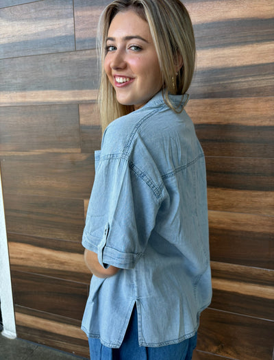 Women Denim Washed Button Down Blouses-Final Sale