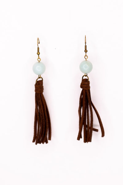 Leather Tassel With Stone Earrings-Final Sale