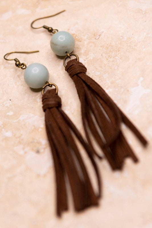 Leather Tassel With Stone Earrings-Final Sale