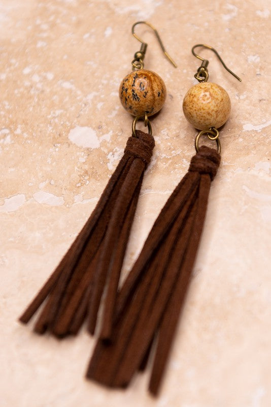 Leather Tassel With Stone Earrings-Final Sale