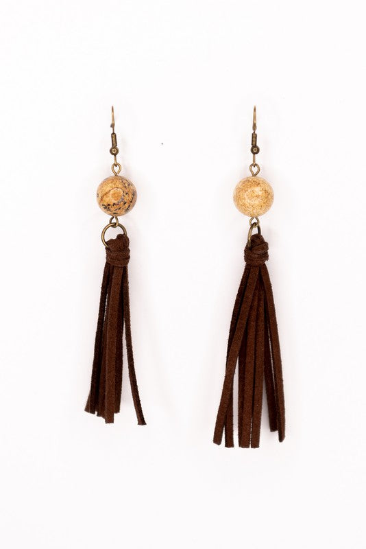 Leather Tassel With Stone Earrings-Final Sale