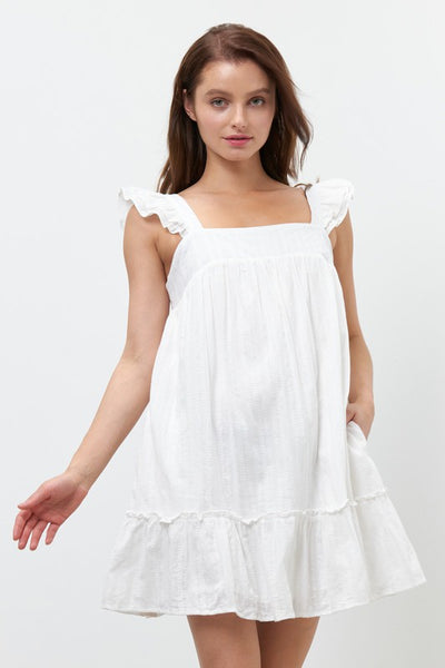 White Cotton Textured Dress With Pockets