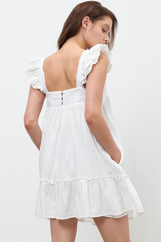 White Cotton Textured Dress With Pockets